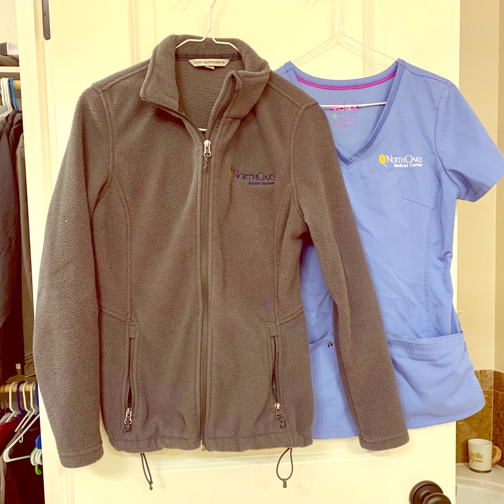 Fleece jacket and ceil blue scrub top